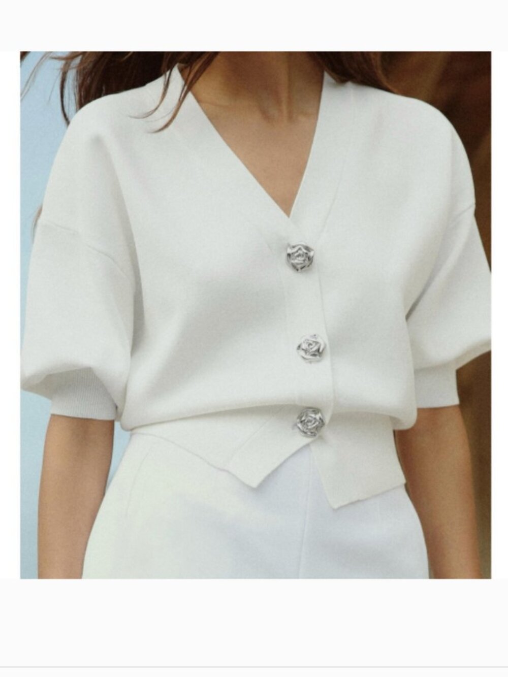 Zara white Cardigan short sleeve Sweater with silver floral buttons size Medium